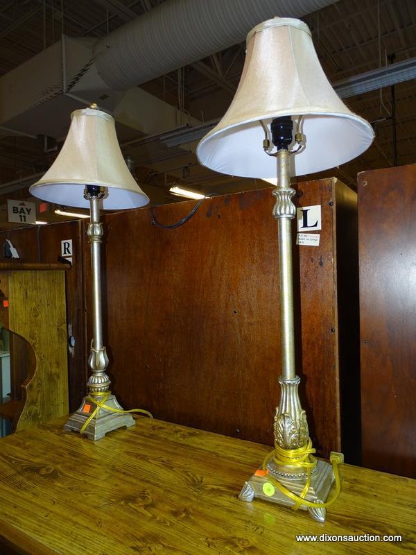 (R1) PAIR OF TABLE LAMPS; 2 PIECE SET OF CHAMPAGNE COLORED TABLE LAMPS, 1 HAS A LEAF DETAILED URN