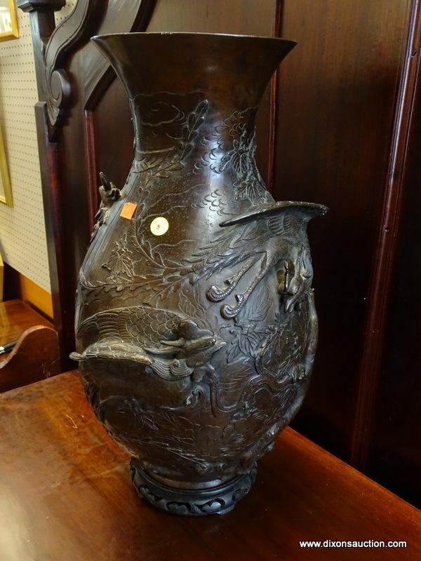 (WALL) METAL VASE WITH STAND; 20.5" TALL METAL VASE WITH 4 DETAILED, PROTRUDING ROOSTERS.