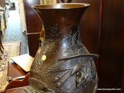 (WALL) METAL VASE WITH STAND; 20.5" TALL METAL VASE WITH 4 DETAILED, PROTRUDING ROOSTERS.