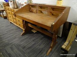 (R1) VINTAGE WRITER'S DESK; OAK WRITER'S DESK WITH 6 DESK TOP SLOTS FOR DRAWERS (MISSING 5) AND 2