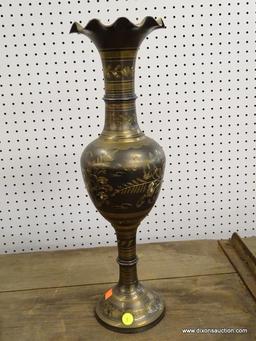 (R1) BRASS VASE; FLORAL ETCHED BRASS VASE WITH SILVER TONED RELIEF AND A FLARED RIBBON RIM. MEASURES