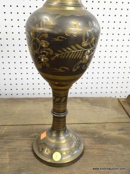 (R1) BRASS VASE; FLORAL ETCHED BRASS VASE WITH SILVER TONED RELIEF AND A FLARED RIBBON RIM. MEASURES