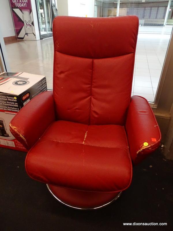 (R1) SWIVEL ARM CHAIR; FAUX RED LEATHER SWIVEL CHAIR WITH A LARGE ROUND BASE. MEASURES 30.5" X 25" X