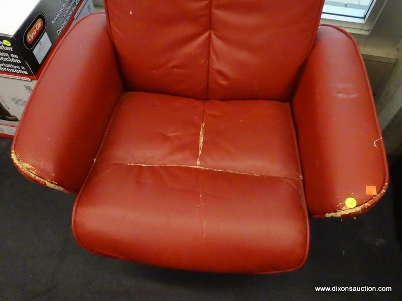 (R1) SWIVEL ARM CHAIR; FAUX RED LEATHER SWIVEL CHAIR WITH A LARGE ROUND BASE. MEASURES 30.5" X 25" X