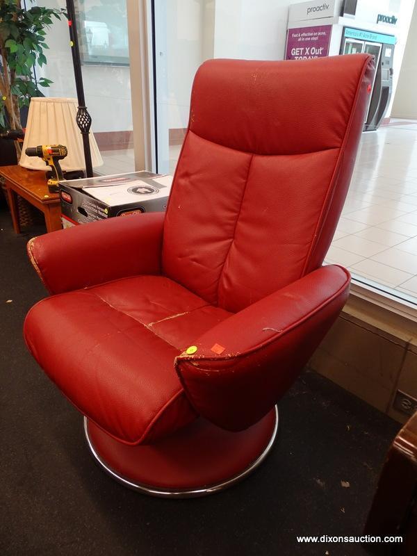(R1) SWIVEL ARM CHAIR; FAUX RED LEATHER SWIVEL CHAIR WITH A LARGE ROUND BASE. MEASURES 30.5" X 25" X