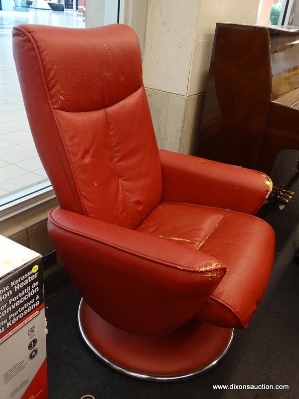 (R1) SWIVEL ARM CHAIR; FAUX RED LEATHER SWIVEL CHAIR WITH A LARGE ROUND BASE. MEASURES 30.5" X 25" X