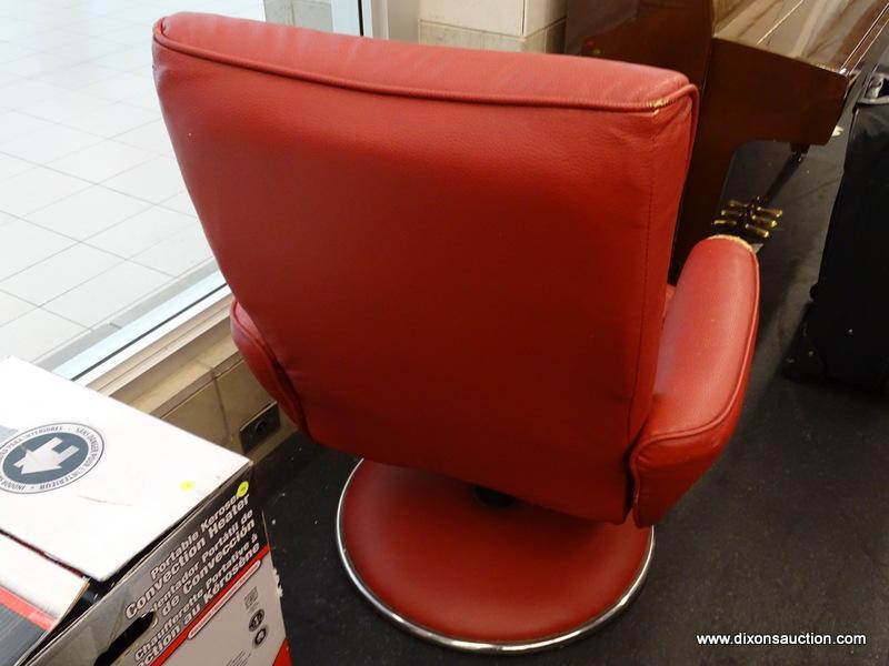 (R1) SWIVEL ARM CHAIR; FAUX RED LEATHER SWIVEL CHAIR WITH A LARGE ROUND BASE. MEASURES 30.5" X 25" X