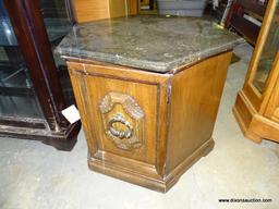 (GARAGE) END TABLE; OAK GRAINED, MARBLE TOP OCTAGONAL TOP END TABLE WITH FAUX WOOD DOOR- 24 IN X 24