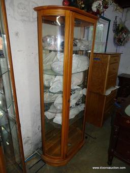 (GARAGE) CHINA CABINET; OAK BOW SIDE CHINA CABINET, GLASS FRONT DOOR AND 2 BOW GLASS SIDES, LIGHT UP