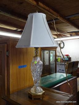 (GARAGE) LAMP; HEAVY CRYSTAL AND BRASS LAMP WITH SILK SHADE- 24 IN H