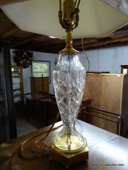 (GARAGE) LAMP; HEAVY CRYSTAL AND BRASS LAMP WITH SILK SHADE- 24 IN H