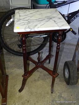 (GARAGE) TABLE; CHERRY MARBLE TOP TABLE, TURNED LEGS, CROSS STRETCHER BASE WITH CENTER FINIAL- 14 IN