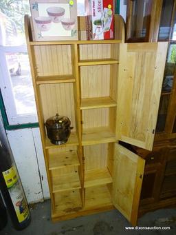 (GARAGE) CABINET; UNFINISHED PINE CABINET WITH 2 PANELED DOORS AND 3 ADJUSTABLE SHELVES- GREAT PIECE