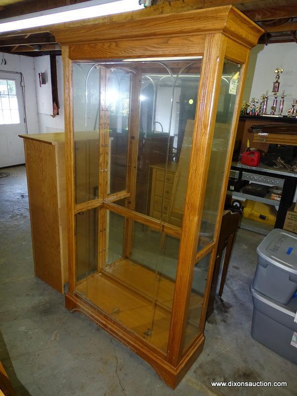 (GARAGE) DISPLAY CABINET; LARGE OAK DISPLAY CABINET WITH ETCHED FRONT GLASS AND 2 SIDE GLASS DOORS,