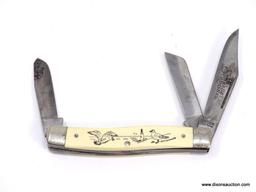 SCHRADE SCRIMSHAW STOCKMANS PATTERN IS A 4" CLOSED , SQUARE BOLSTER PATTERN THAT CONTAINS CLIP, SPEY