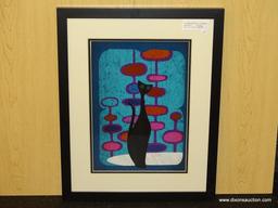 MID CENTURY MODERN CAT WITH ATOMIC OVALS-BLUE. MEASURES 15 1/4" X 20 1/2".