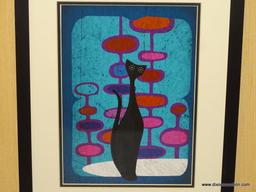MID CENTURY MODERN CAT WITH ATOMIC OVALS-BLUE. MEASURES 15 1/4" X 20 1/2".