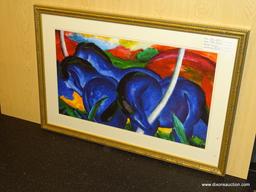 BLUE HORSES GICLEE BY MARC FRANZ. MEASURES 33 1/4" X 22 1/4".