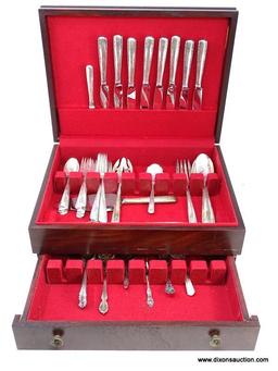 44 PC. GORHAM STERLING SILVER "CAMELLIA" PATTERN FLATWARE SET WITH WOODEN LIFT TOP ONE DRAWER