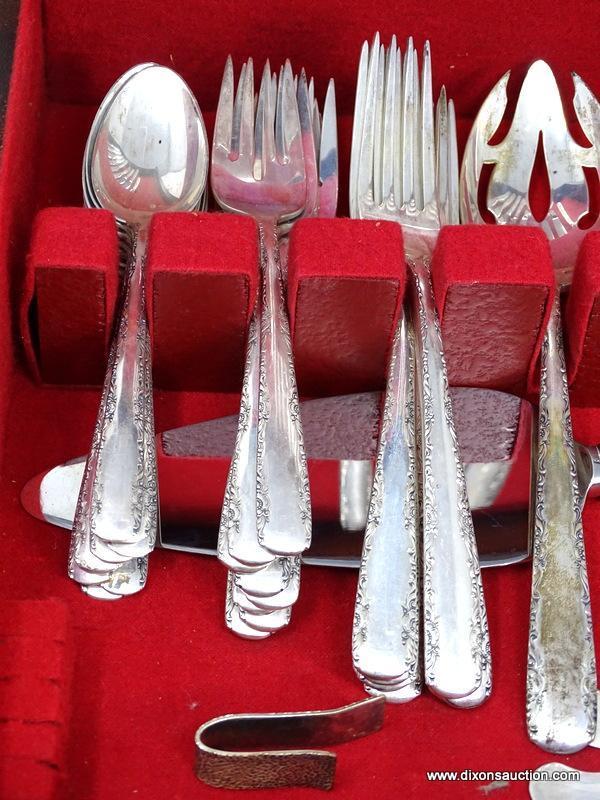 44 PC. GORHAM STERLING SILVER "CAMELLIA" PATTERN FLATWARE SET WITH WOODEN LIFT TOP ONE DRAWER