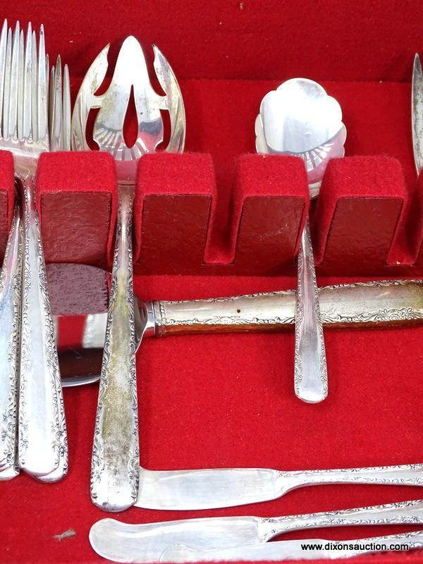 44 PC. GORHAM STERLING SILVER "CAMELLIA" PATTERN FLATWARE SET WITH WOODEN LIFT TOP ONE DRAWER