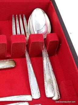 44 PC. GORHAM STERLING SILVER "CAMELLIA" PATTERN FLATWARE SET WITH WOODEN LIFT TOP ONE DRAWER