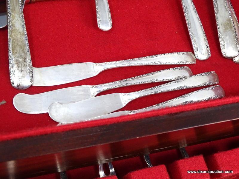 44 PC. GORHAM STERLING SILVER "CAMELLIA" PATTERN FLATWARE SET WITH WOODEN LIFT TOP ONE DRAWER