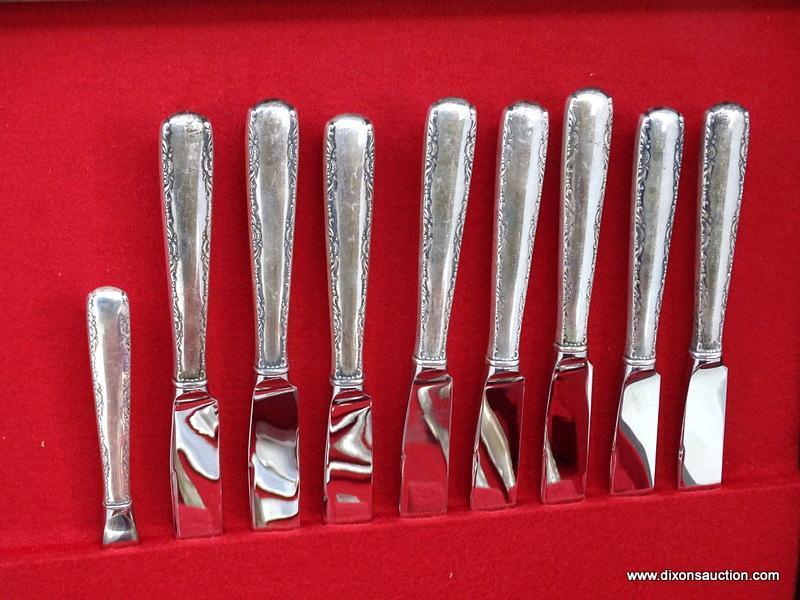 44 PC. GORHAM STERLING SILVER "CAMELLIA" PATTERN FLATWARE SET WITH WOODEN LIFT TOP ONE DRAWER