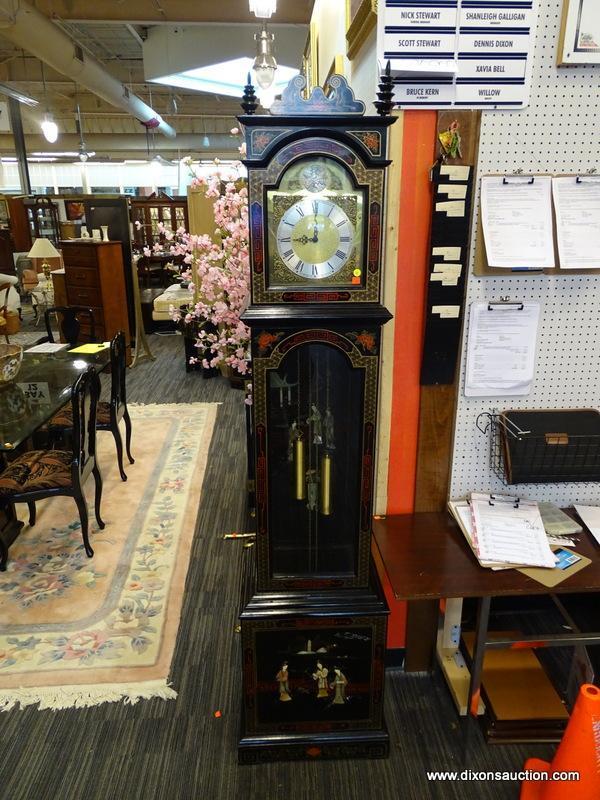 BLACK LAQRUED GRANDFATHER CLOCK WITH HAND PAINTED SOAPSTONE FIGURES. MEASURES 81" TALL.