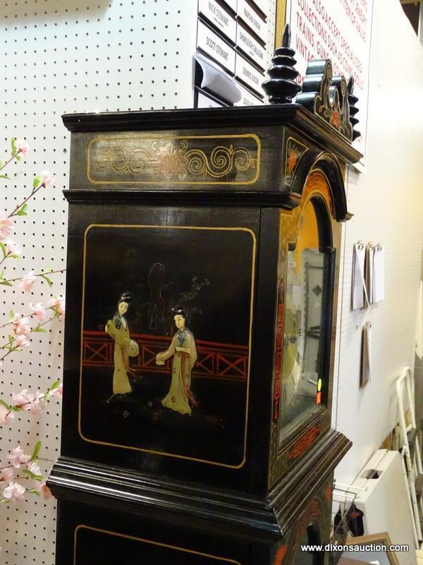 BLACK LAQRUED GRANDFATHER CLOCK WITH HAND PAINTED SOAPSTONE FIGURES. MEASURES 81" TALL.