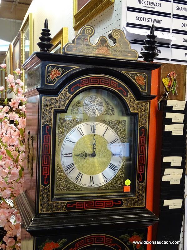 BLACK LAQRUED GRANDFATHER CLOCK WITH HAND PAINTED SOAPSTONE FIGURES. MEASURES 81" TALL.