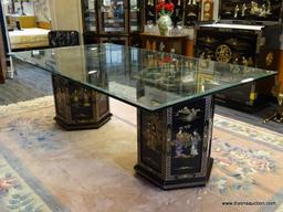 UNUSUAL BLACK LAQUER DOUBLE PEDASTOOL GLASS TOP DINING TABLE. BOTH PEDESTAL HAVE BLACK MOTHER OF