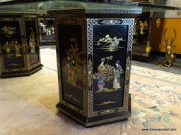 UNUSUAL BLACK LAQUER DOUBLE PEDASTOOL GLASS TOP DINING TABLE. BOTH PEDESTAL HAVE BLACK MOTHER OF