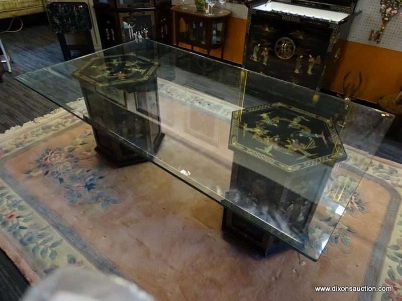 UNUSUAL BLACK LAQUER DOUBLE PEDASTOOL GLASS TOP DINING TABLE. BOTH PEDESTAL HAVE BLACK MOTHER OF