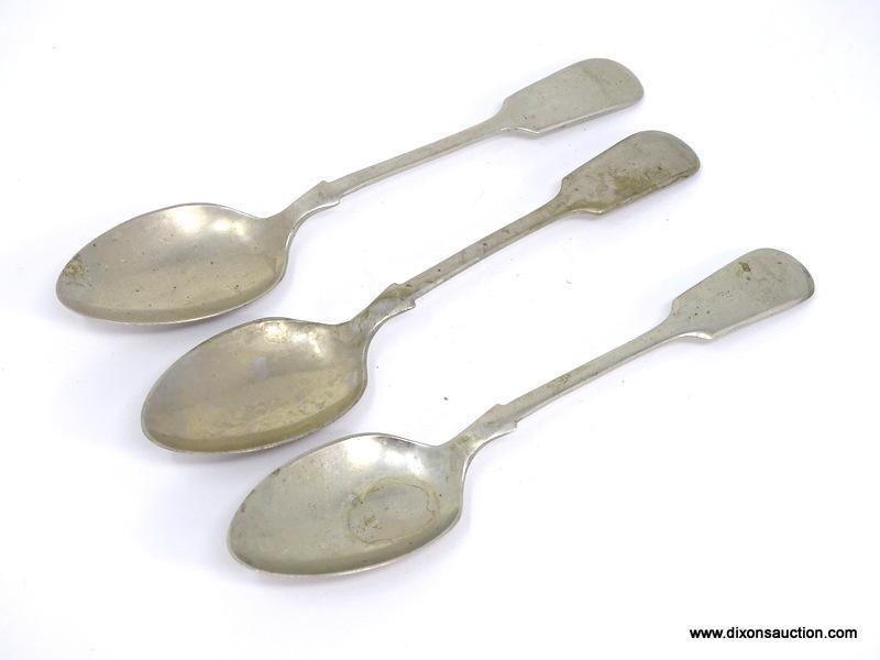 SET OF (3) F. WHITEHOUSE'S EVERWHITE SILVER FIDDLE THREAD PATTERN 5" SPOONS. MARKED ON "FW" ALONG