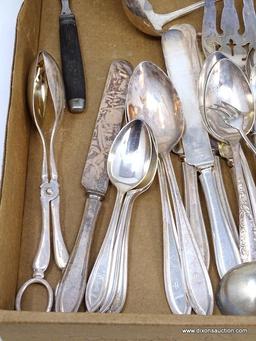 TRAY LOT OF MISC. SILVER-PLATE/ELECTROPLATE FLATWARE & SERVING PIECES. INCLUDES LARGE LADLE, SALAD