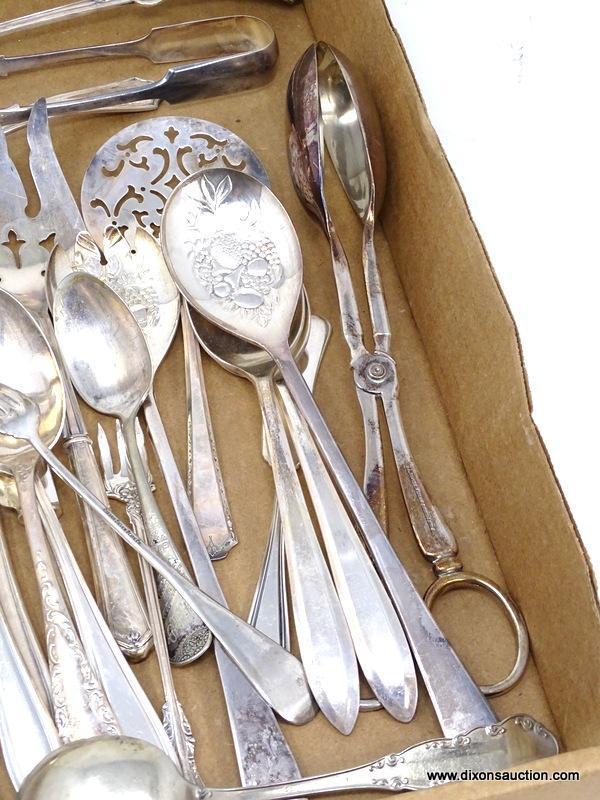 TRAY LOT OF MISC. SILVER-PLATE/ELECTROPLATE FLATWARE & SERVING PIECES. INCLUDES LARGE LADLE, SALAD