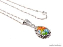 SIGNED, 316L STAINLESS STEEL MILLEFIORI TEAR DROP PENDANT NECKLACE. FEATURES COLORFUL ORANGE,