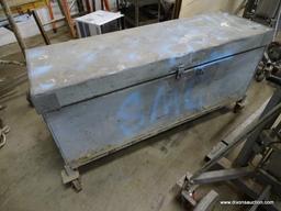 HEAVY DUTY ROLLING JOB BOX AND CONTENTS. BOX CONTAINS ASSORTED LARGE BOLTS. BOX IS HEAVILY USED AND