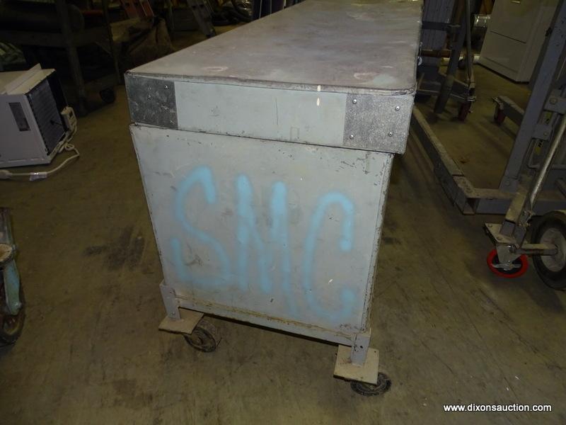 HEAVY DUTY ROLLING JOB BOX AND CONTENTS. BOX CONTAINS ASSORTED LARGE BOLTS. BOX IS HEAVILY USED AND