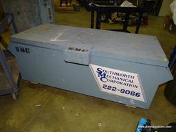 HEAVY DUTY METAL ROLLING JOB BOX. HAS RUST, DENTING, AND HEAVILY USED. MEASURES 60" X 26" X 26".