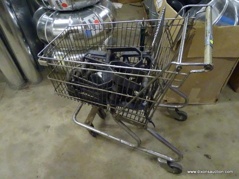 VINTAGE METAL SHOPPING CART FILLED WITH B-LINE U SHAPED CLAMPS/HANGERS.