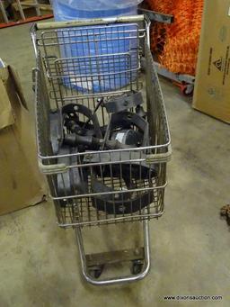 VINTAGE METAL SHOPPING CART FILLED WITH B-LINE U SHAPED CLAMPS/HANGERS.