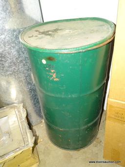 GREEN METAL DRUM WITH LID. MEASURES 30" TALL X 17.5" DIAMETER. DRUM HAS CHAINS INSIDE OF IT.