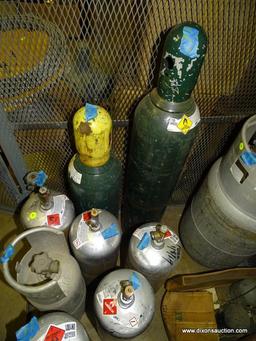 LOT OF (9) ASSORTED GAS BOTTLES. COMPRESSED OXYGEN AND ACETYLENE.