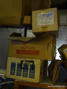 LOT ON TOP OF SHELF TO INCLUDE: AGE MOTOR, A DAYTON BELTED FAN MOTOR, A NEVCO NELSON VACUUM PUMP,