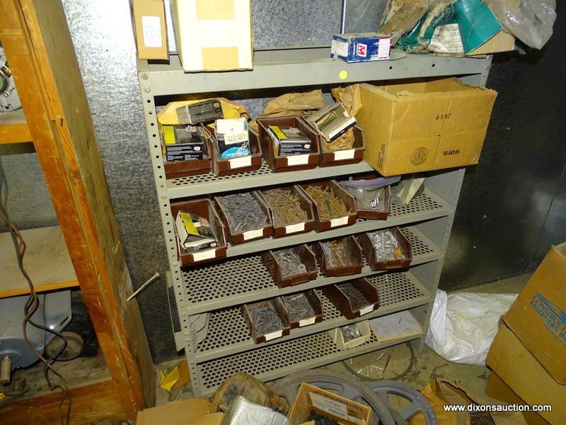 METAL SHELVING UNIT AND CONTENTS. 5 SHELF UNIT FILLED WITH ORGANIZERS FULL OF NAILS AND SCREW.