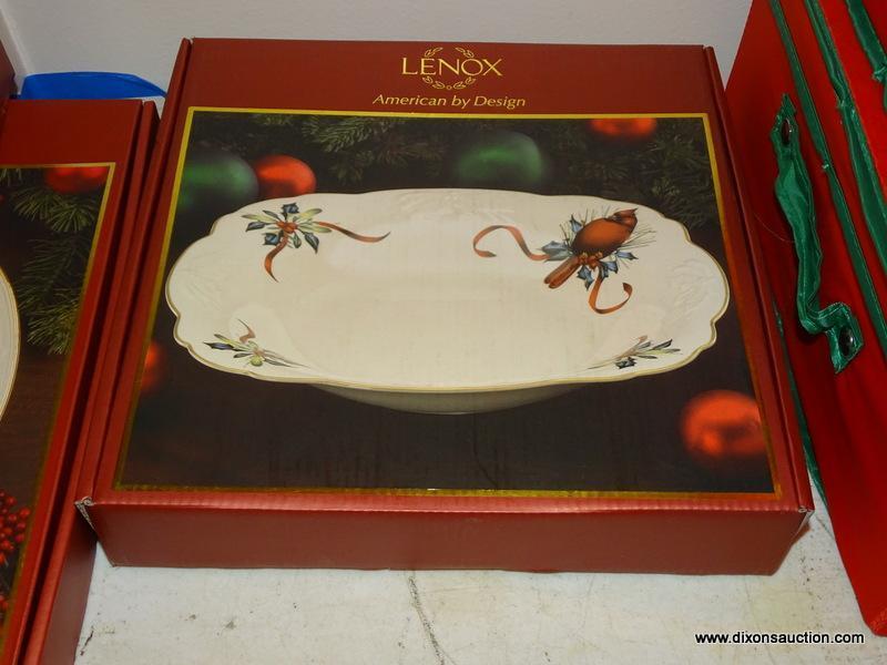 (LR) LENOX SERVING PIECES;; 4 LENOX AMERICAN BY DESIGN WINTER GREETINGS 11 IN. SERVING BOWLS- 2 NEW