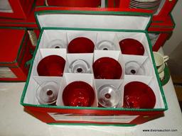 (LR) STEMWARE; SET OF 12 RUBY AND CLEAR STEMWARE IN PROTECTIVE CLOTH CASE