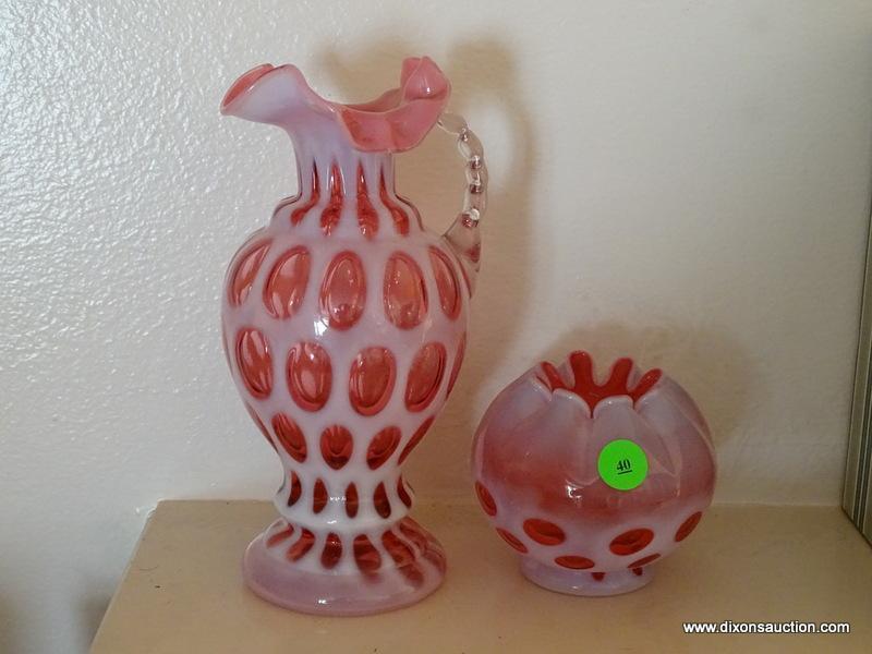 (LR) FENTON GLASS; 2 PCS. OF FENTON CRANBERRY AND OPALESCENT THUMBPRINT PATTERN- ROSE BOWL- 4 IN H